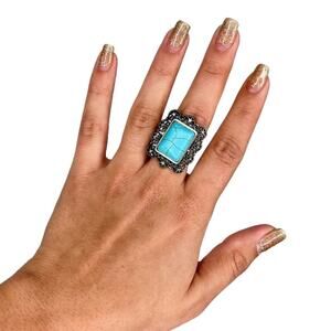 1990s Vintage Turquoise Pewter Tone Western Rectangle Stone Ring Adjustable